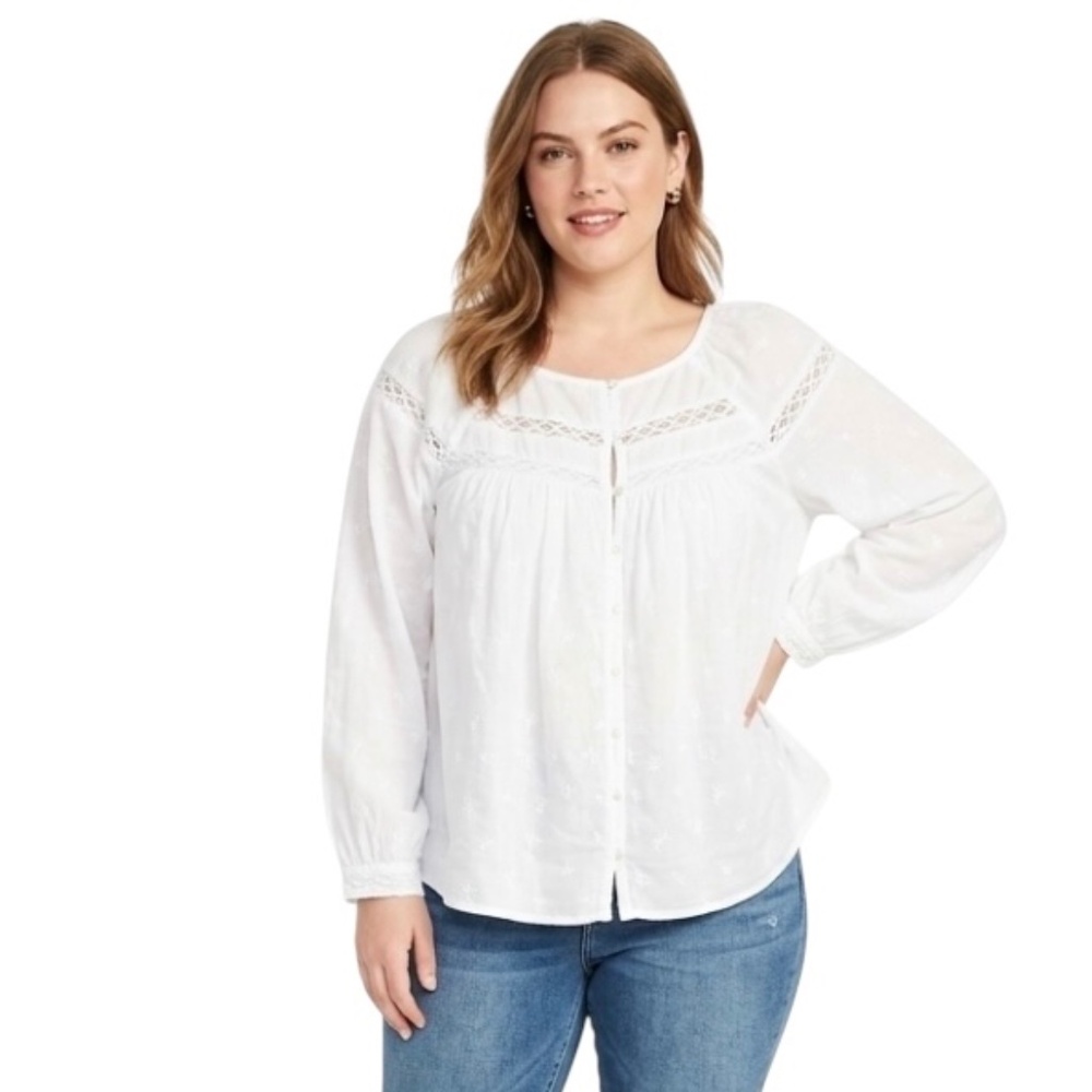 Old Navy Eyelet Lace Peasant Blouse XL Boho Chic Cottagecore Romantic Indie NWT